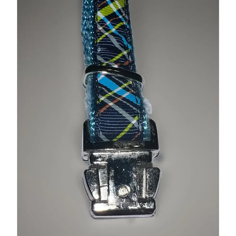 Dog Cat Collar Blue Plaid Adjustable ALU‑Max Metal Buckle 1/2in 9.5–12in Small